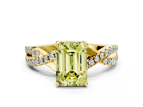 Yellow gold Fancy Yellow Emerald Cut Solitaire Twist Pave Diamond Engagement Ring with Prong Setting