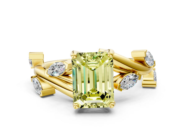 Yellow gold Fancy Yellow Emerald Cut Solitaire Twisted Band Marquise Accent Prong Setting Ring