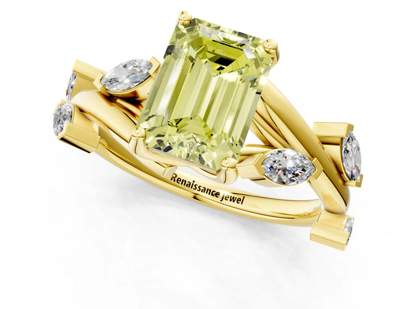 Yellow gold Fancy Yellow Emerald Cut Solitaire Twisted Band Marquise Accent Prong Setting Ring