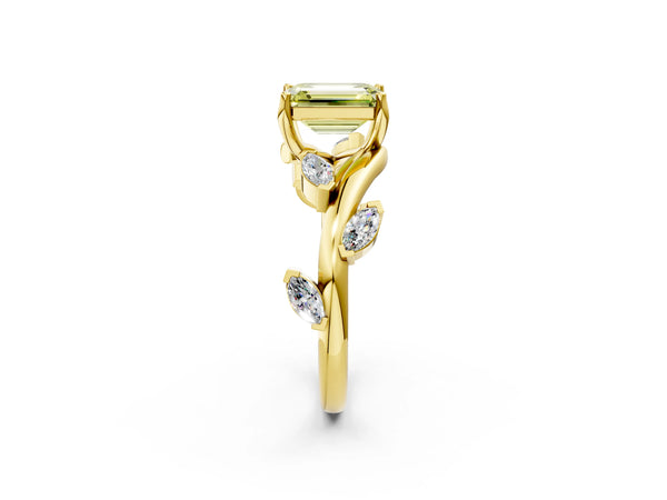 Yellow gold Fancy Yellow Emerald Cut Solitaire Twisted Band Marquise Accent Prong Setting Ring