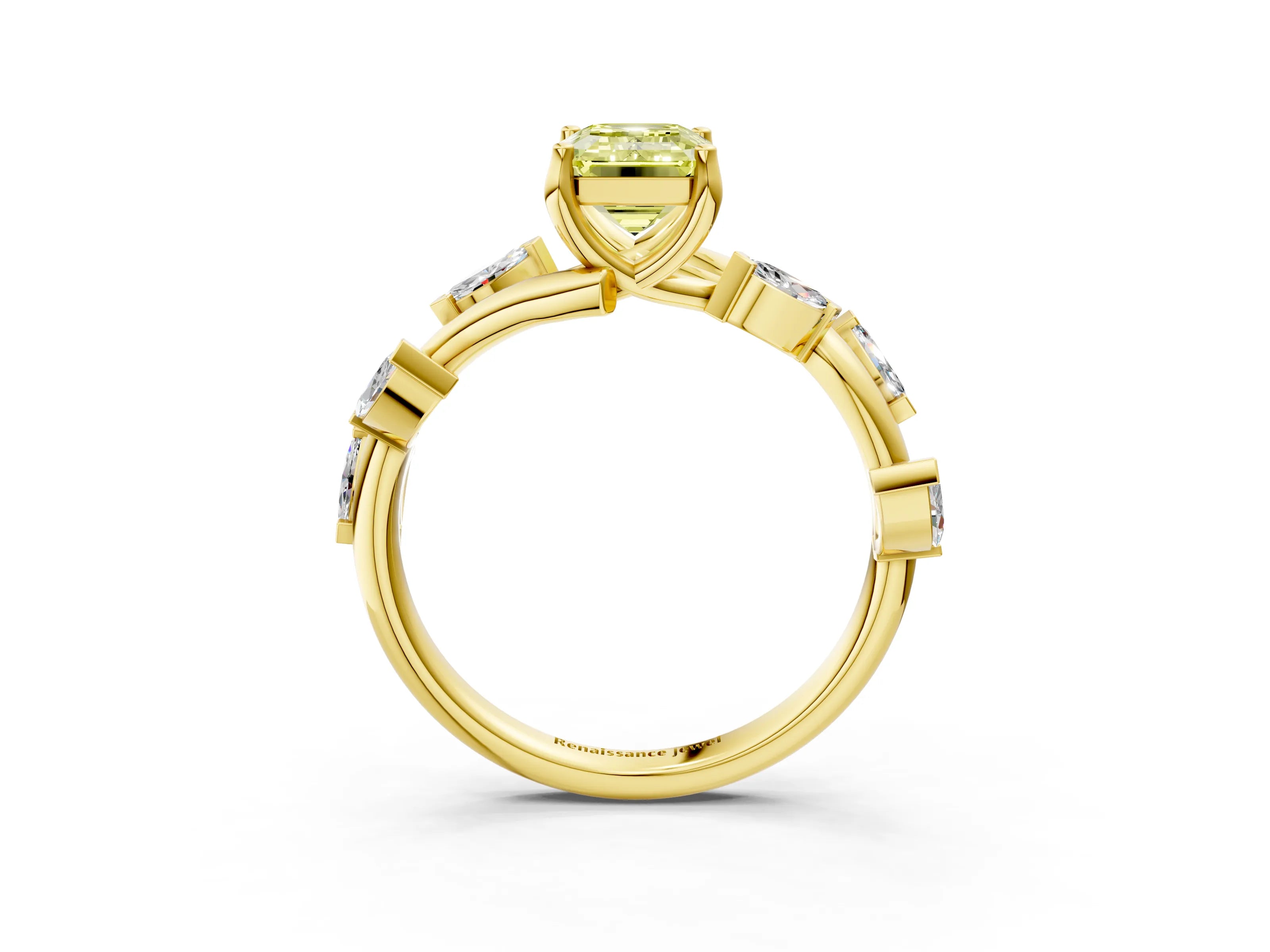 Yellow gold Fancy Yellow Emerald Cut Solitaire Twisted Band Marquise Accent Prong Setting Ring_3