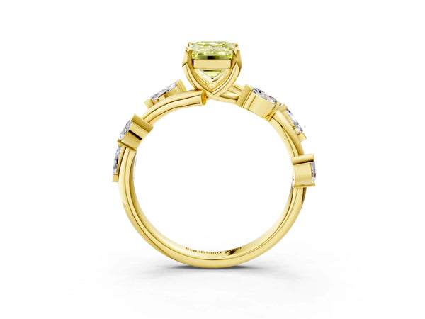 Yellow gold Fancy Yellow Emerald Cut Solitaire Twisted Band Marquise Accent Prong Setting Ring
