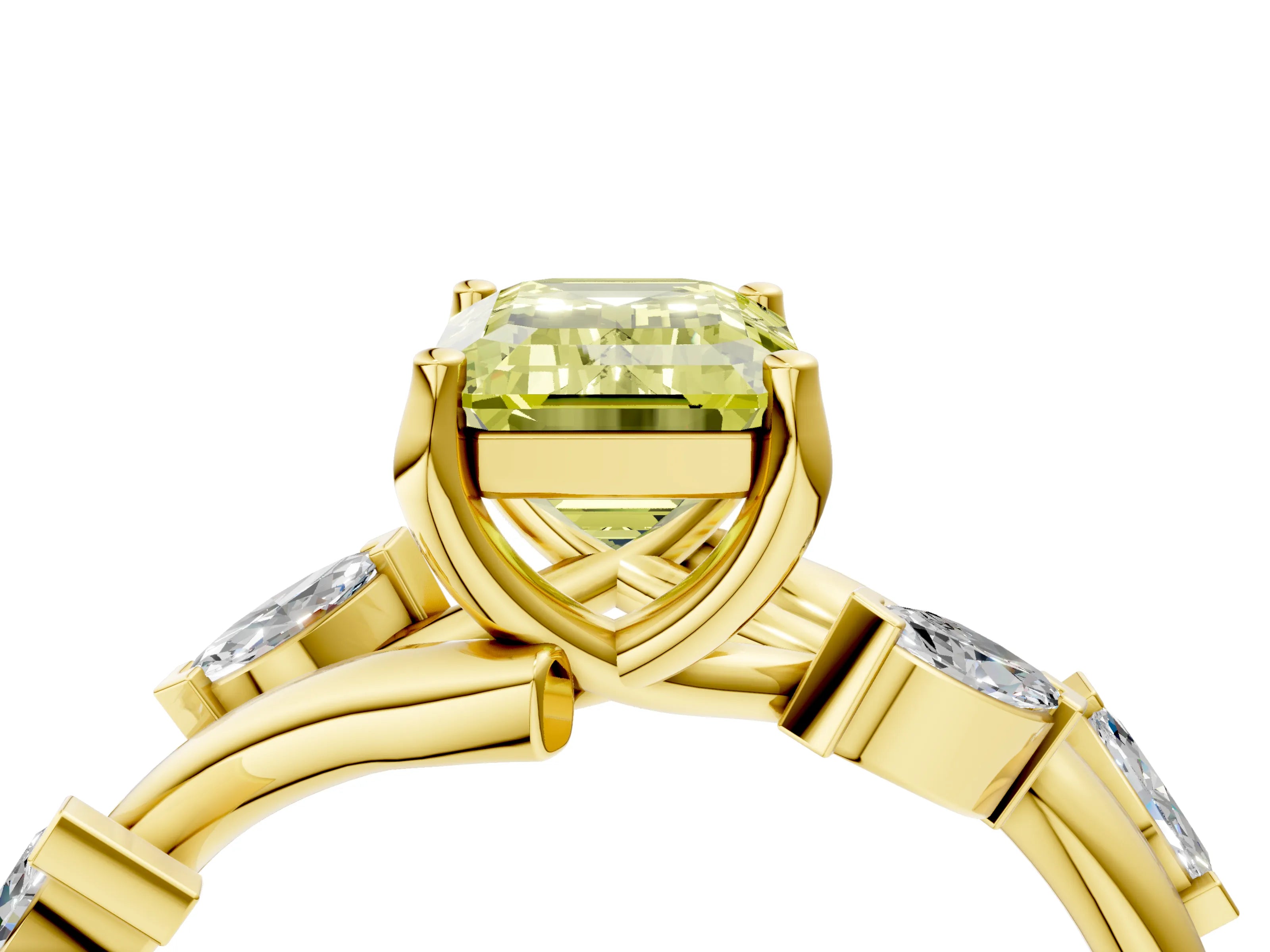 Yellow gold Fancy Yellow Emerald Cut Solitaire Twisted Band Marquise Accent Prong Setting Ring_4