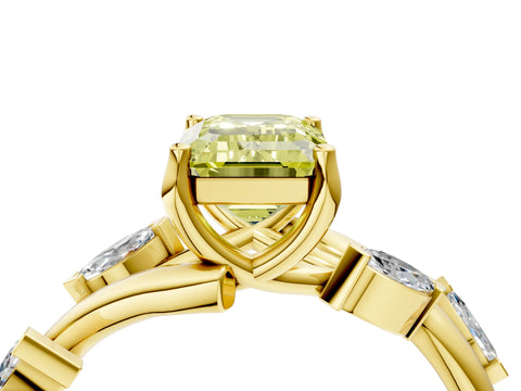 Yellow gold Fancy Yellow Emerald Cut Solitaire Twisted Band Marquise Accent Prong Setting Ring_4