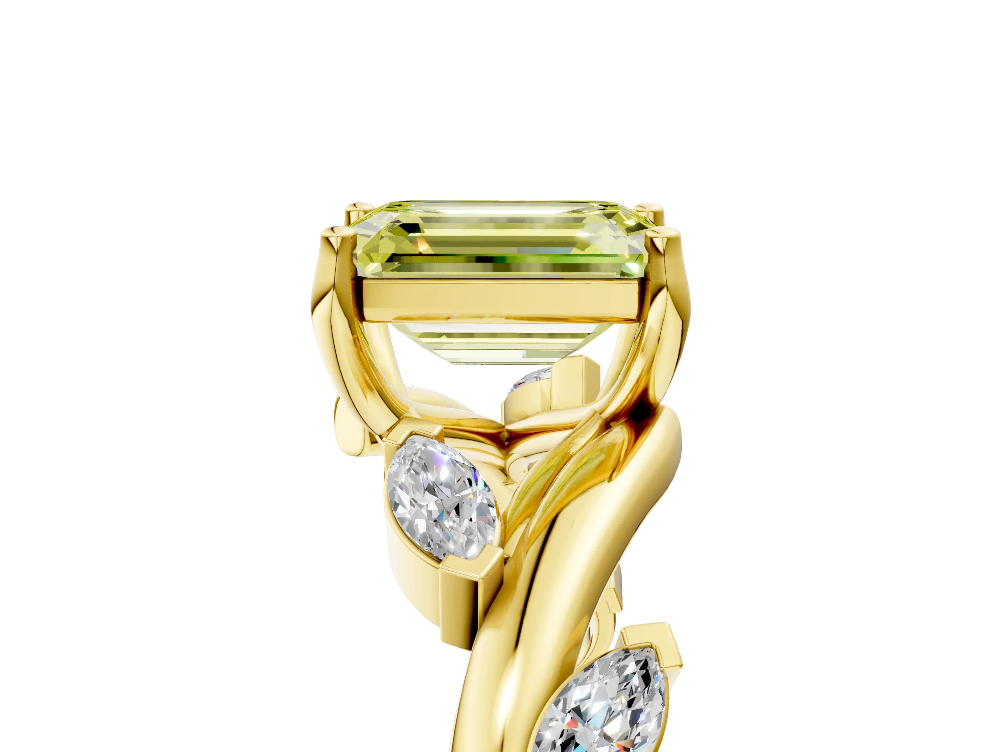 Yellow gold Fancy Yellow Emerald Cut Solitaire Twisted Band Marquise Accent Prong Setting Ring_5