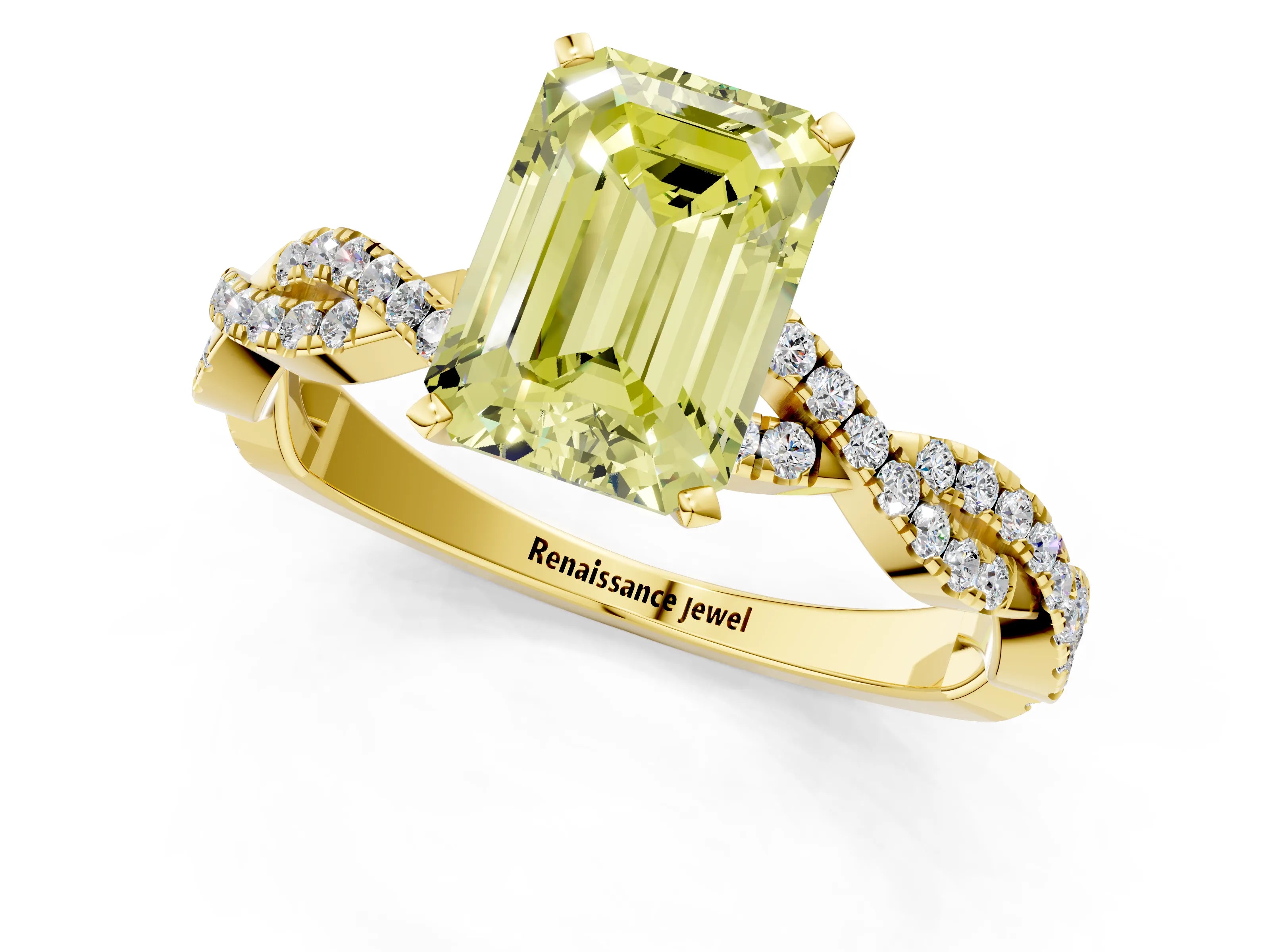 Yellow gold Fancy Yellow Emerald Cut Solitaire Twisted Pave Band with Four-Prong Setting_4