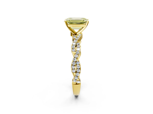 Yellow gold Fancy Yellow Emerald Cut Solitaire Twisted Pave Band with Four-Prong Setting