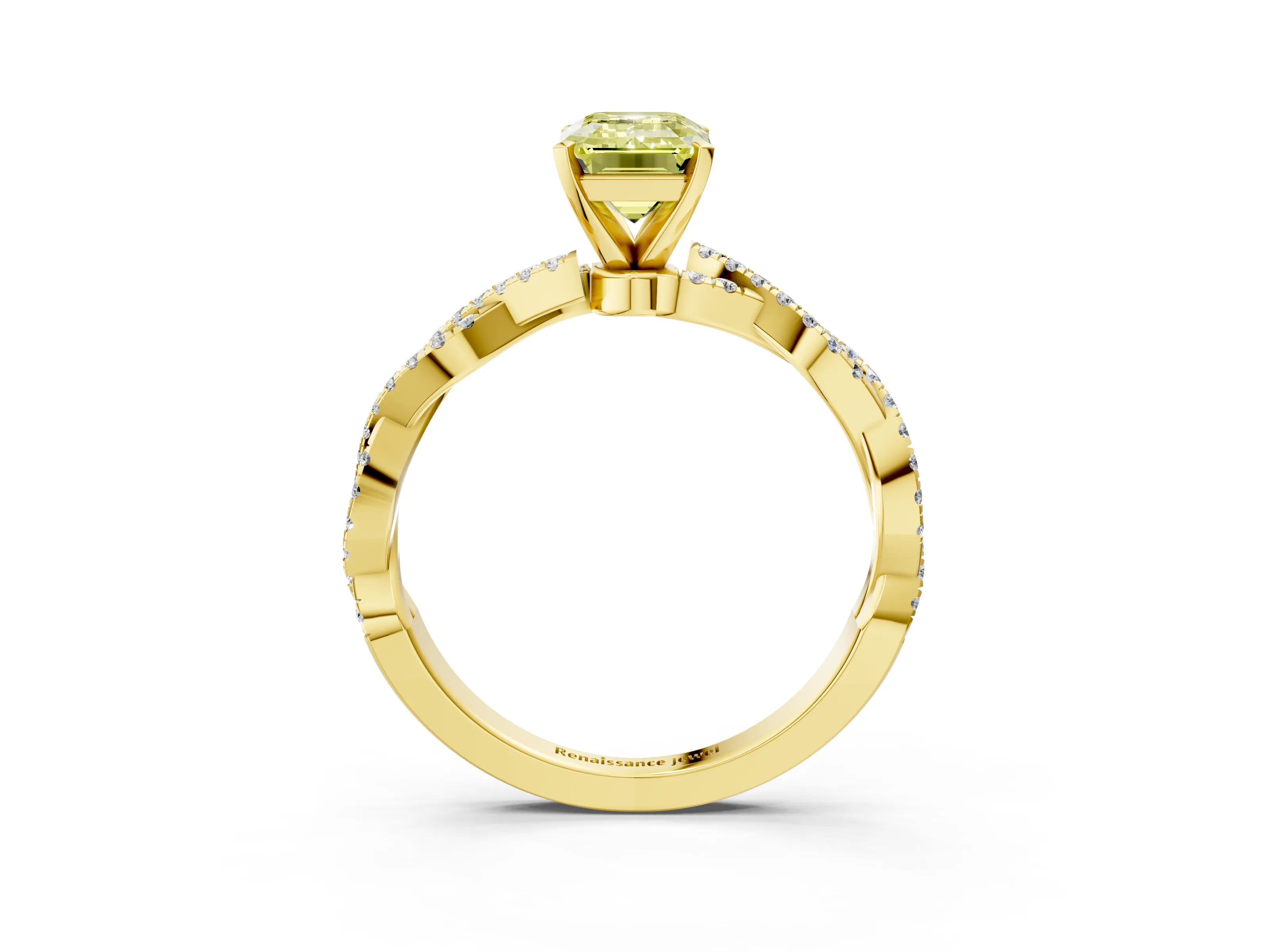 Yellow gold Fancy Yellow Emerald Cut Solitaire Twisted Pave Band with Four-Prong Setting_6