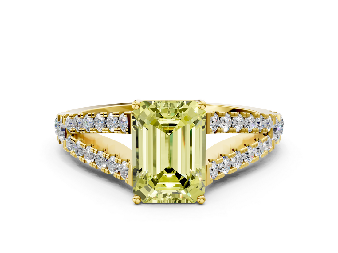 Yellow gold Fancy Yellow Emerald  Cut Split Shank Pave Diamond Engagement Ring with Four-Prong Setting_24
