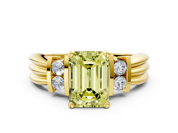 Yellow gold Fancy Yellow Emerald  Cut Three-Stone Channel Set Ring with Bar Prongs