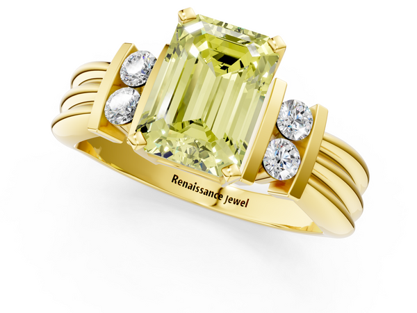 Yellow gold Fancy Yellow Emerald  Cut Three-Stone Channel Set Ring with Bar Prongs