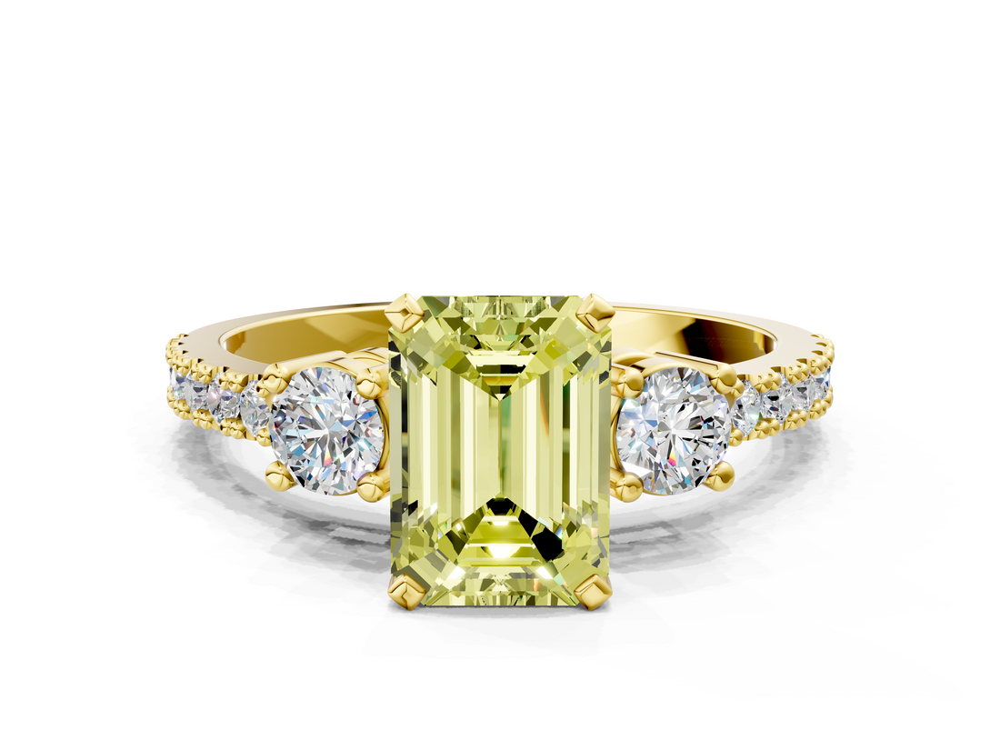 Yellow gold Fancy Yellow Emerald  Cut Three-Stone Diamond Pavé Band with Prong Setting_17