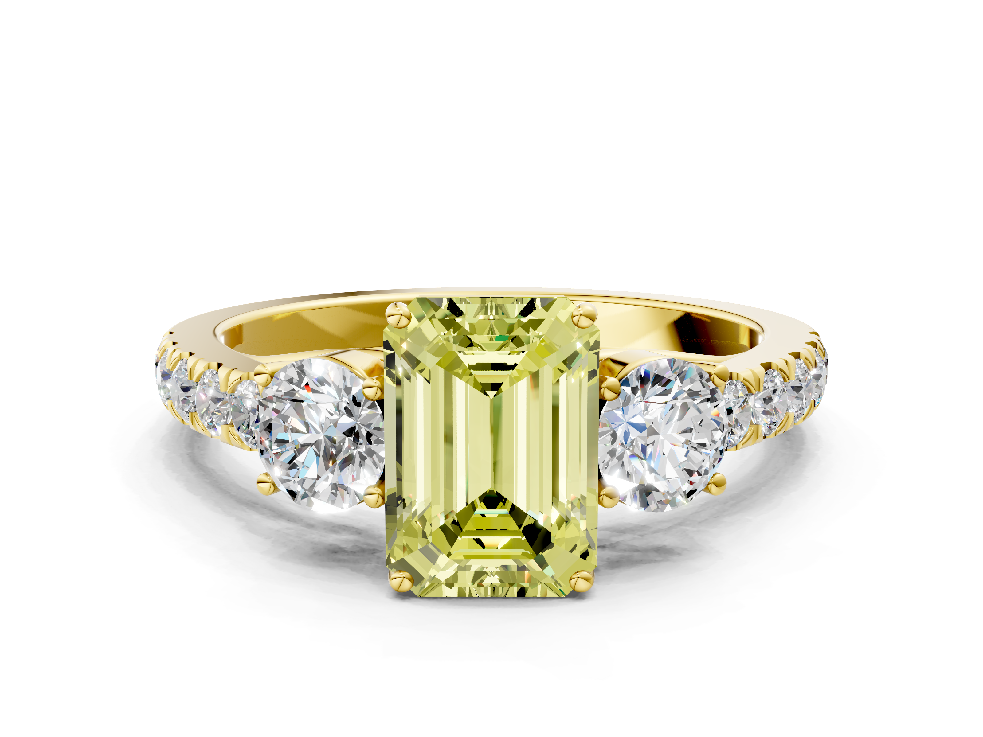 Yellow gold Fancy Yellow Emerald  Cut Three-Stone Diamond Pave Band with Prong Setting_20