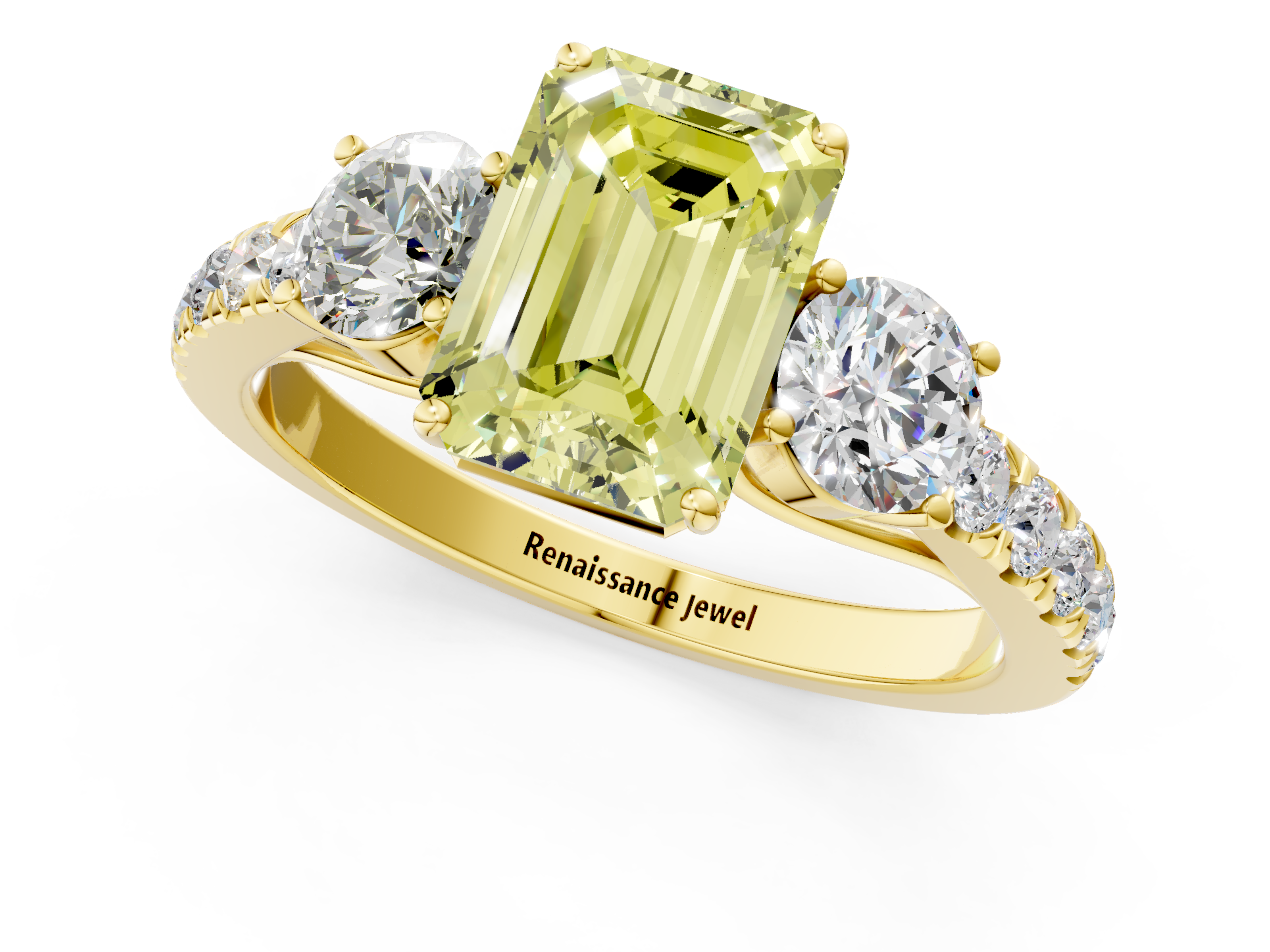 Yellow gold Fancy Yellow Emerald  Cut Three-Stone Diamond Pave Band with Prong Setting_21