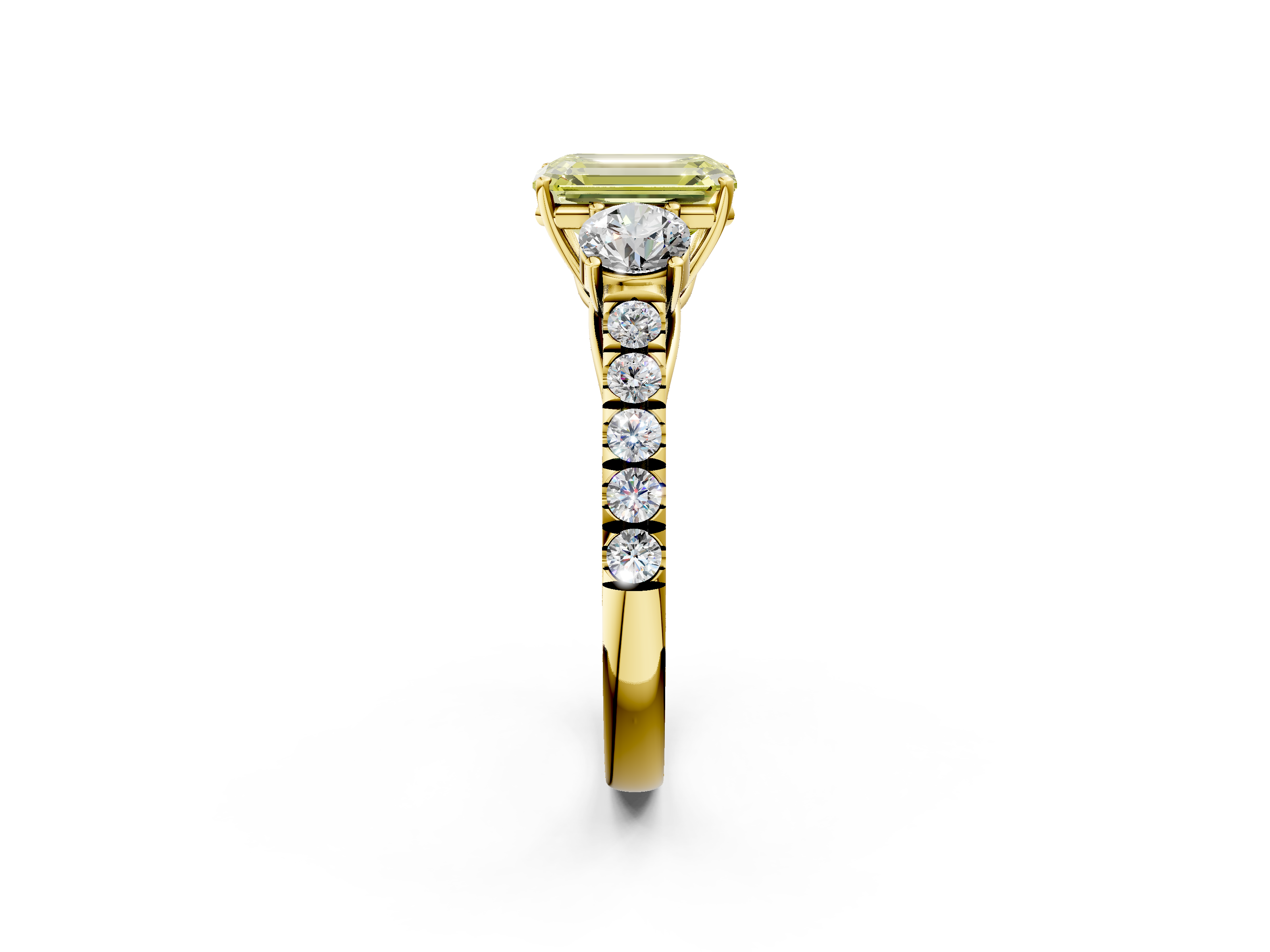 Yellow gold Fancy Yellow Emerald  Cut Three-Stone Diamond Pave Band with Prong Setting_22