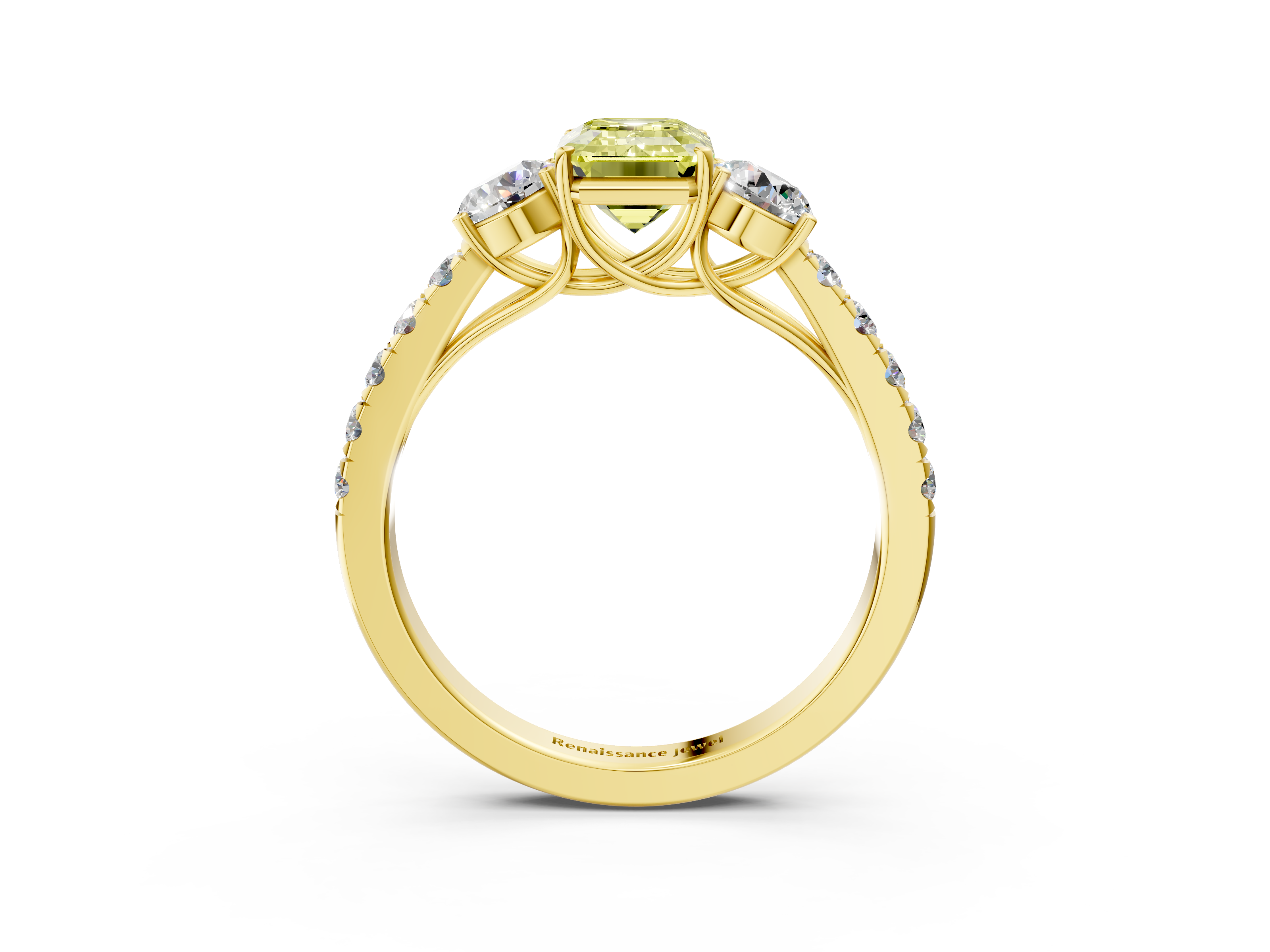 Yellow gold Fancy Yellow Emerald  Cut Three-Stone Diamond Pave Band with Prong Setting_23