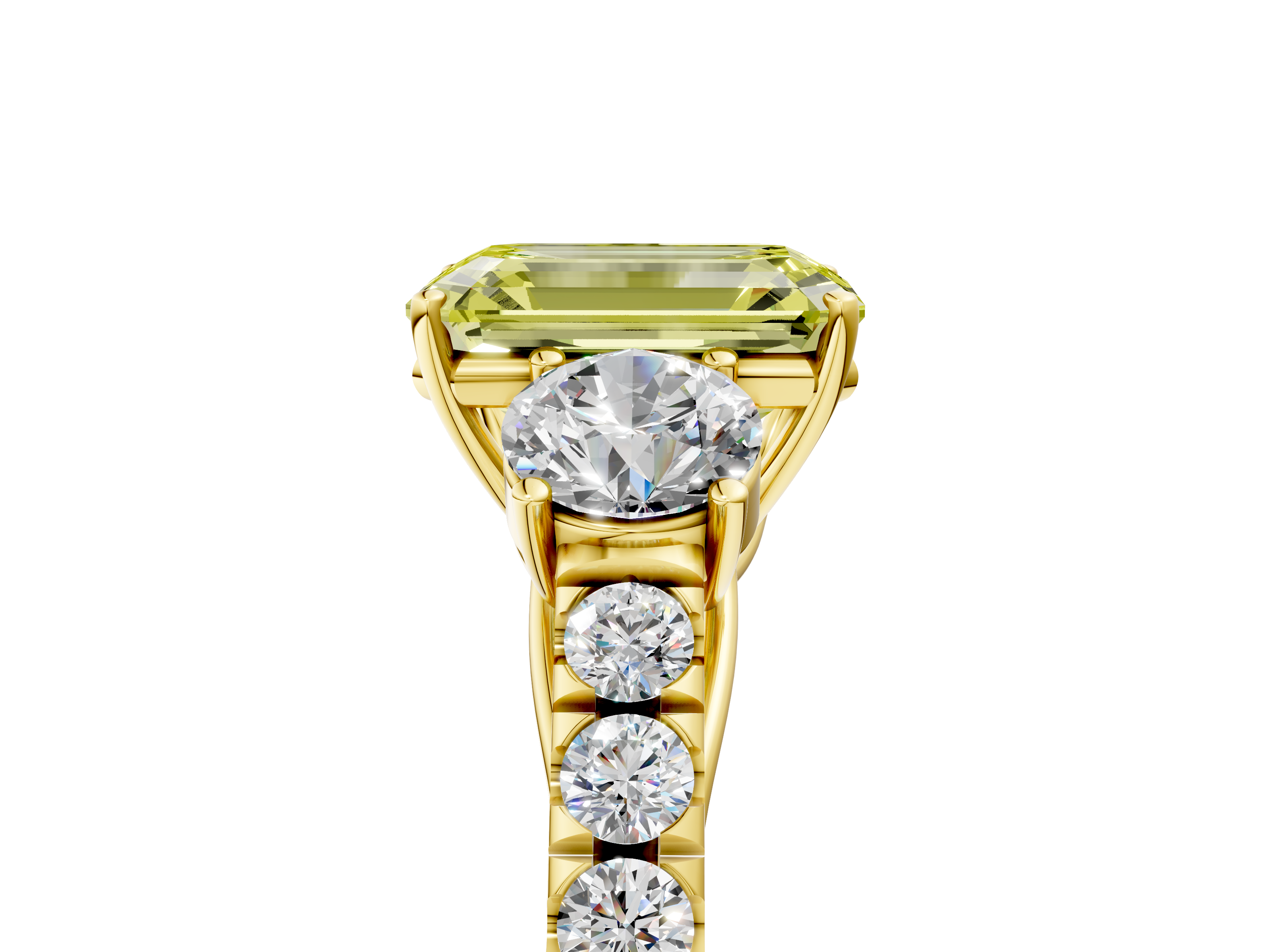 Yellow gold Fancy Yellow Emerald  Cut Three-Stone Diamond Pave Band with Prong Setting_25