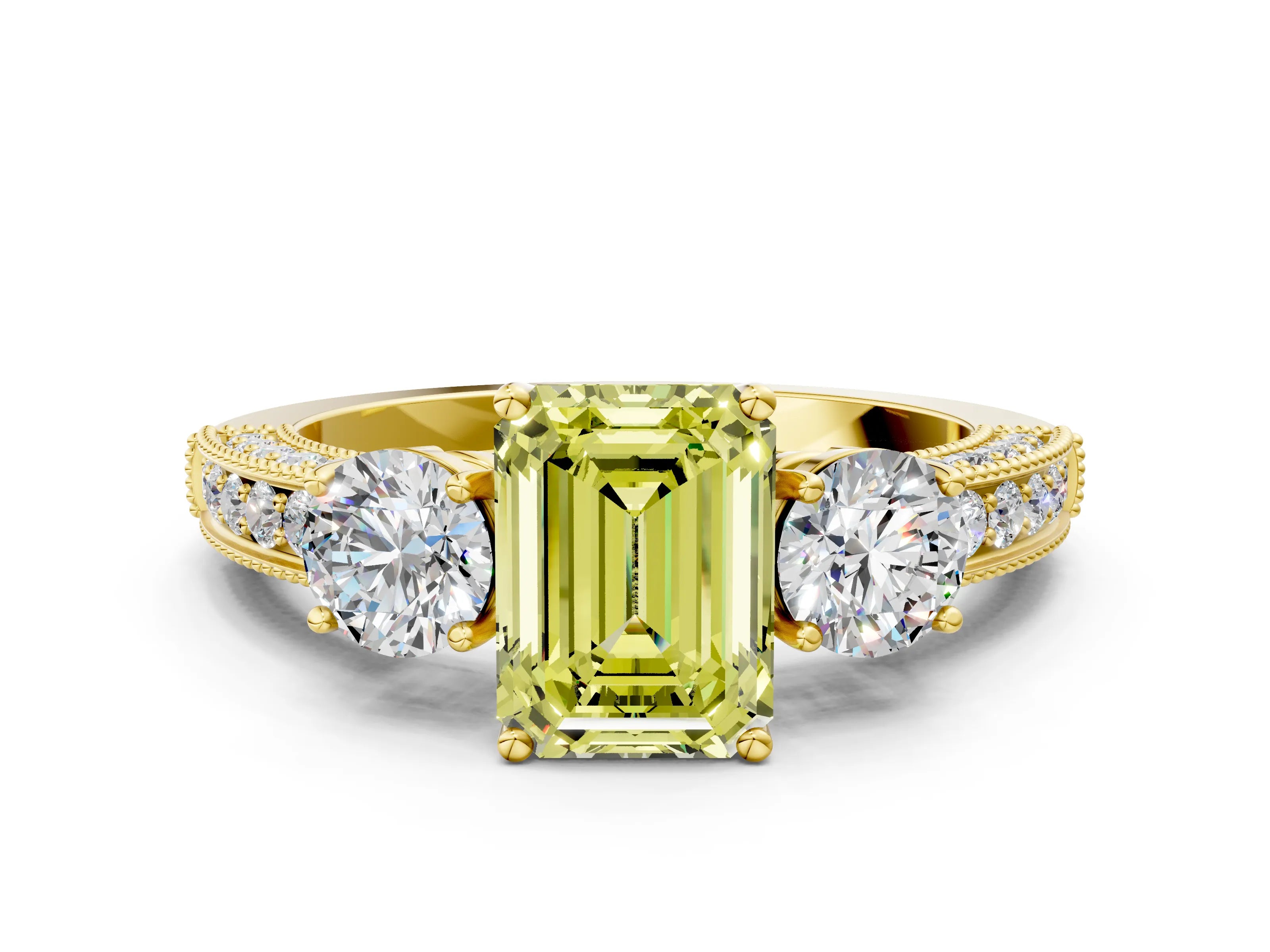 Yellow gold Fancy Yellow Emerald Cut Three-Stone Diamond Ring with Pavé Band and Four-Prong Setting