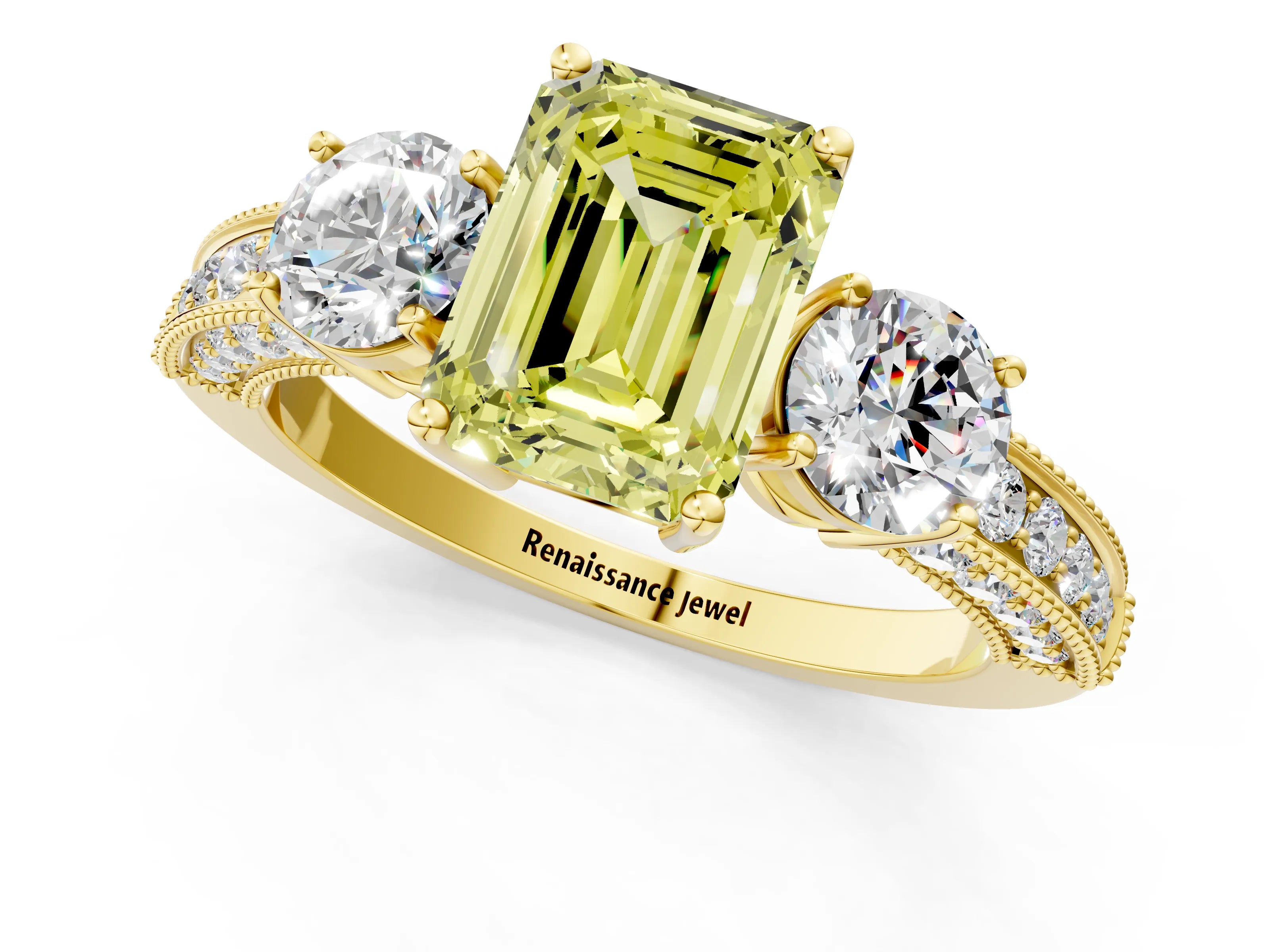 Yellow gold Fancy Yellow Emerald Cut Three-Stone Diamond Ring with Pavé Band and Four-Prong Setting_1