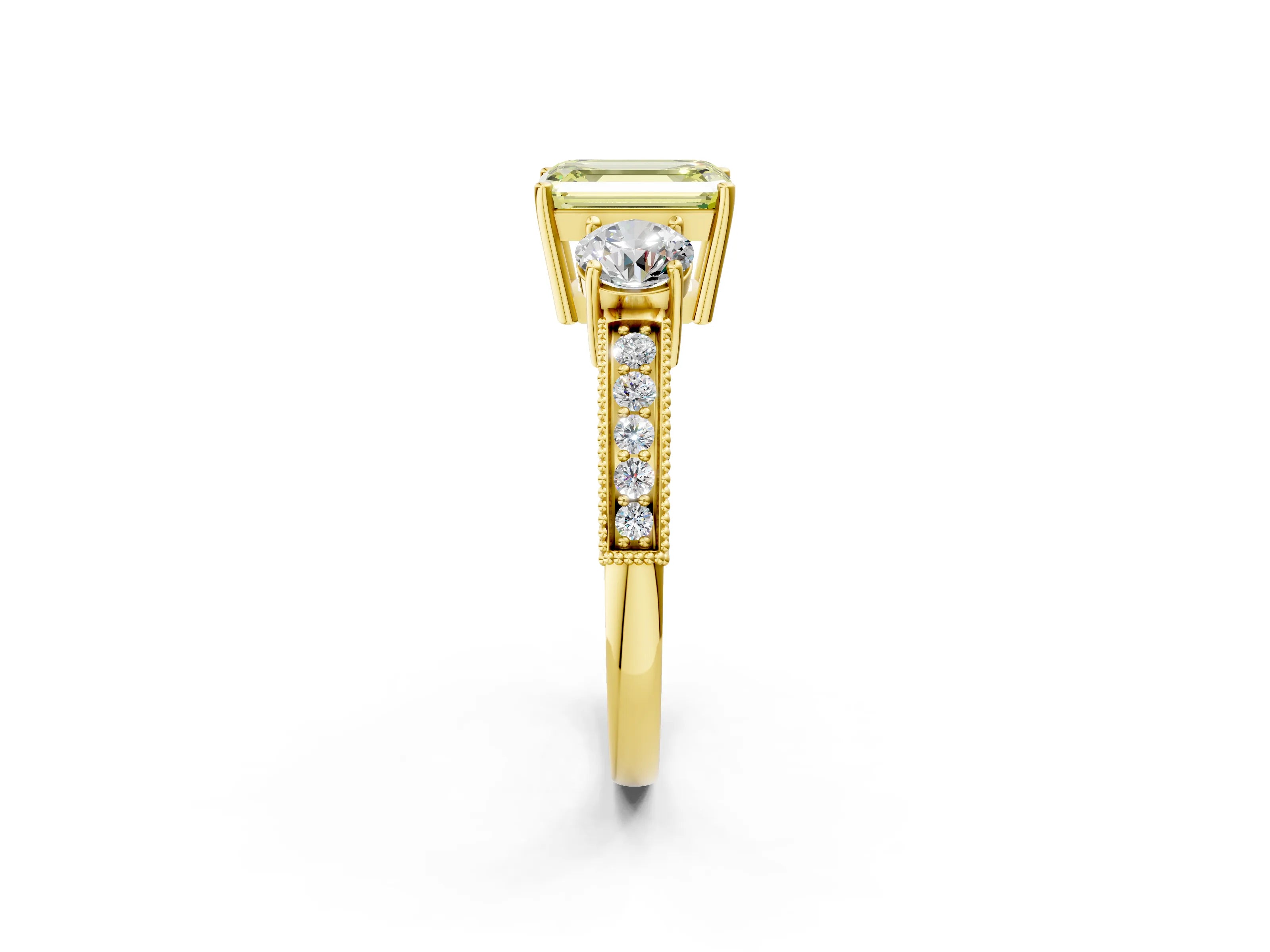 Yellow gold Fancy Yellow Emerald Cut Three-Stone Diamond Ring with Pavé Band and Four-Prong Setting_2