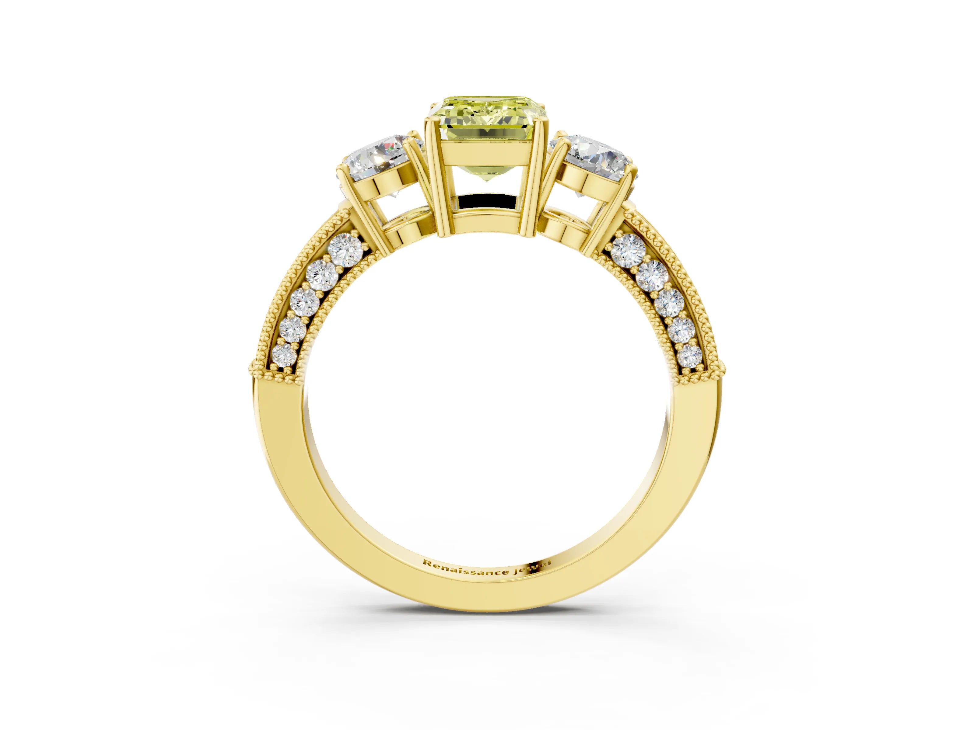 Yellow gold Fancy Yellow Emerald Cut Three-Stone Diamond Ring with Pavé Band and Four-Prong Setting_3