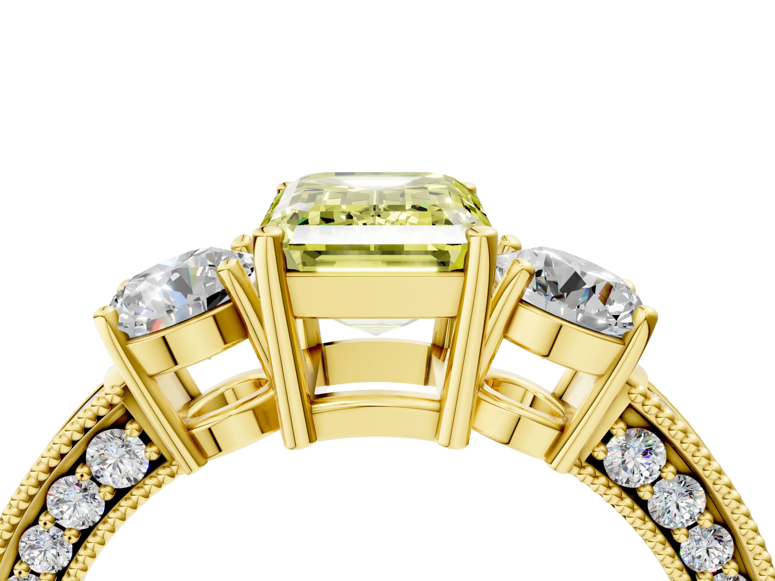 Yellow gold Fancy Yellow Emerald Cut Three-Stone Diamond Ring with Pavé Band and Four-Prong Setting_4