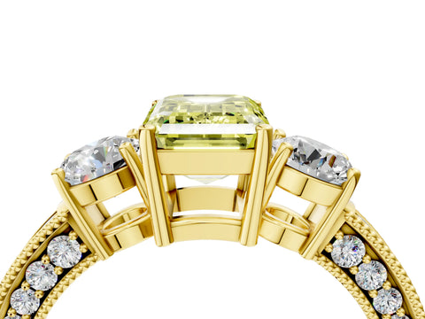 Yellow gold Fancy Yellow Emerald Cut Three-Stone Diamond Ring with Pavé Band and Four-Prong Setting_4