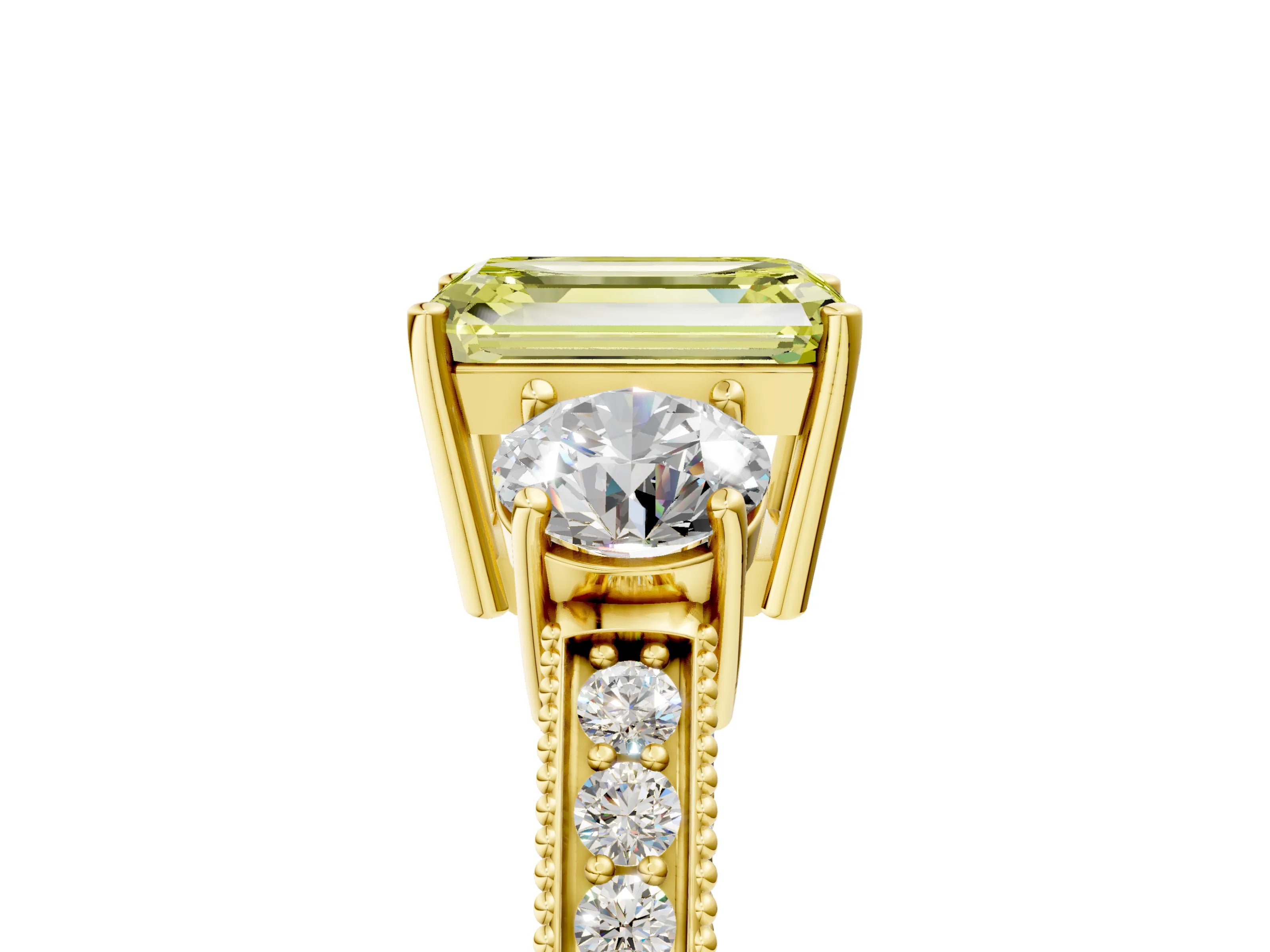 Yellow gold Fancy Yellow Emerald Cut Three-Stone Diamond Ring with Pavé Band and Four-Prong Setting_5