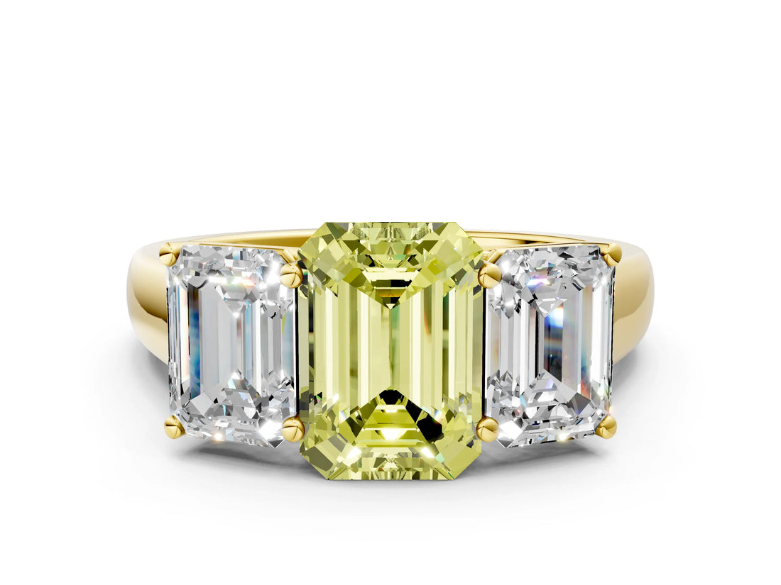 Yellow gold Fancy Yellow Emerald Cut Three-Stone Diamond Ring with Prong Setting on a Classic Band_12