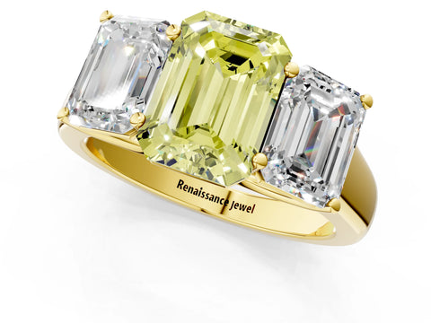 Yellow gold Fancy Yellow Emerald Cut Three-Stone Diamond Ring with Prong Setting on a Classic Band_1