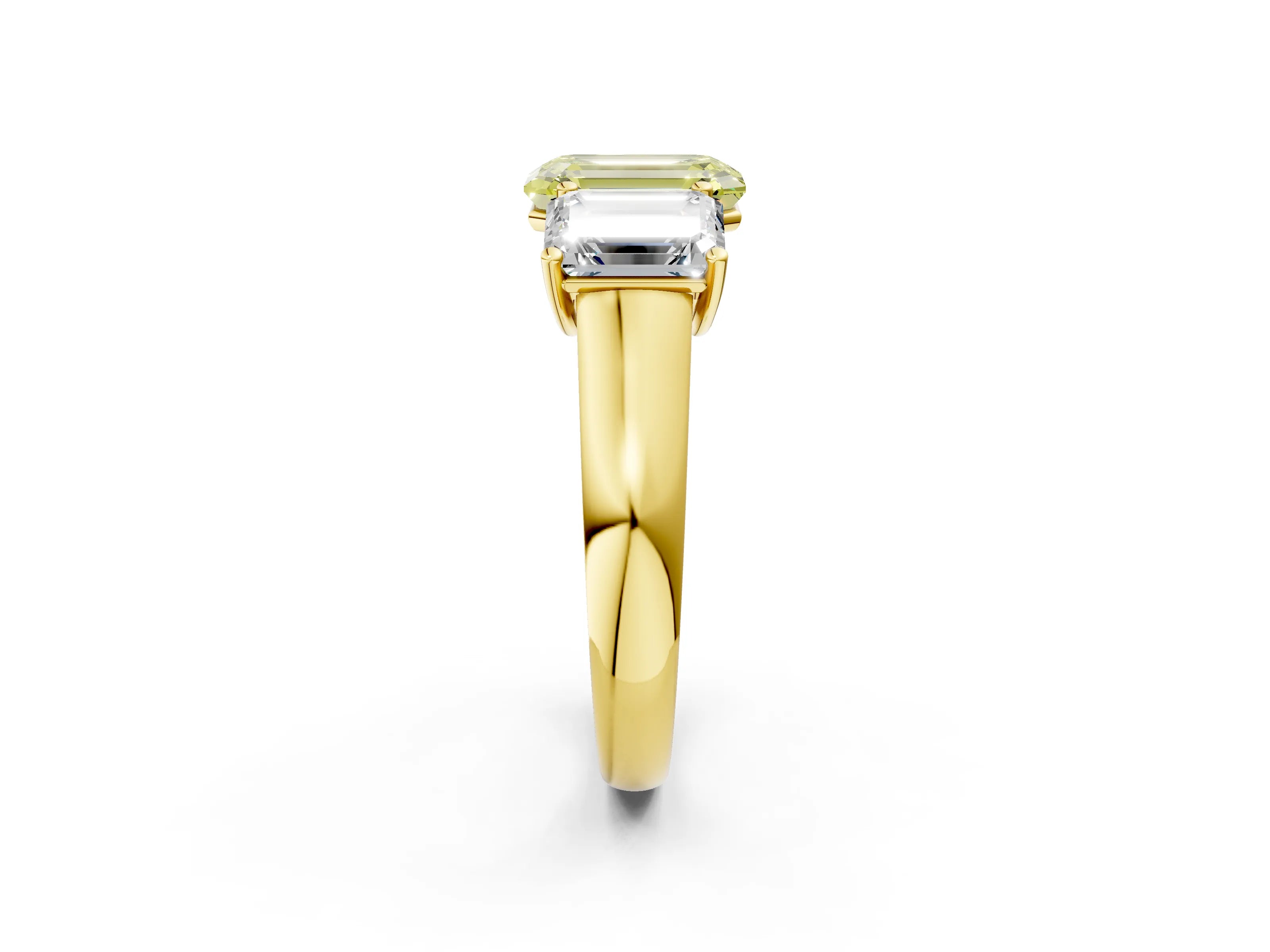 Yellow gold Fancy Yellow Emerald Cut Three-Stone Diamond Ring with Prong Setting on a Classic Band_2