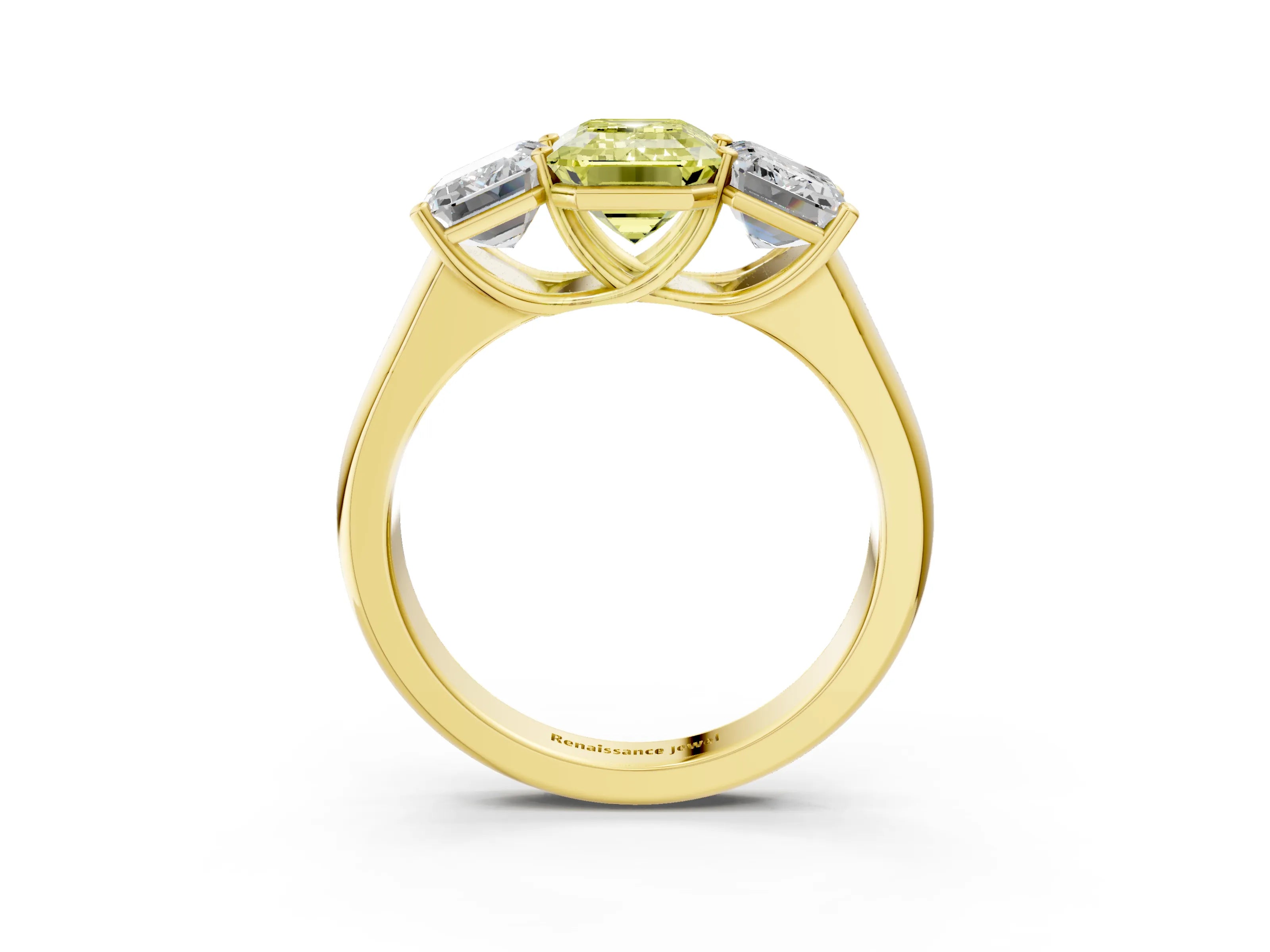 Yellow gold Fancy Yellow Emerald Cut Three-Stone Diamond Ring with Prong Setting on a Classic Band_3