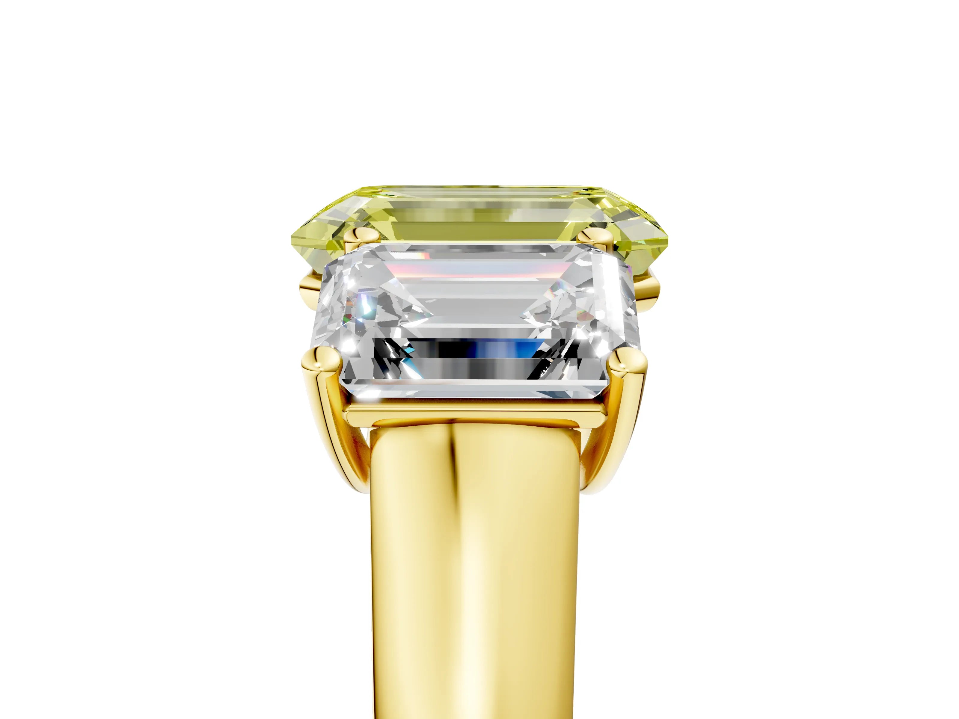 Yellow gold Fancy Yellow Emerald Cut Three-Stone Diamond Ring with Prong Setting on a Classic Band_5
