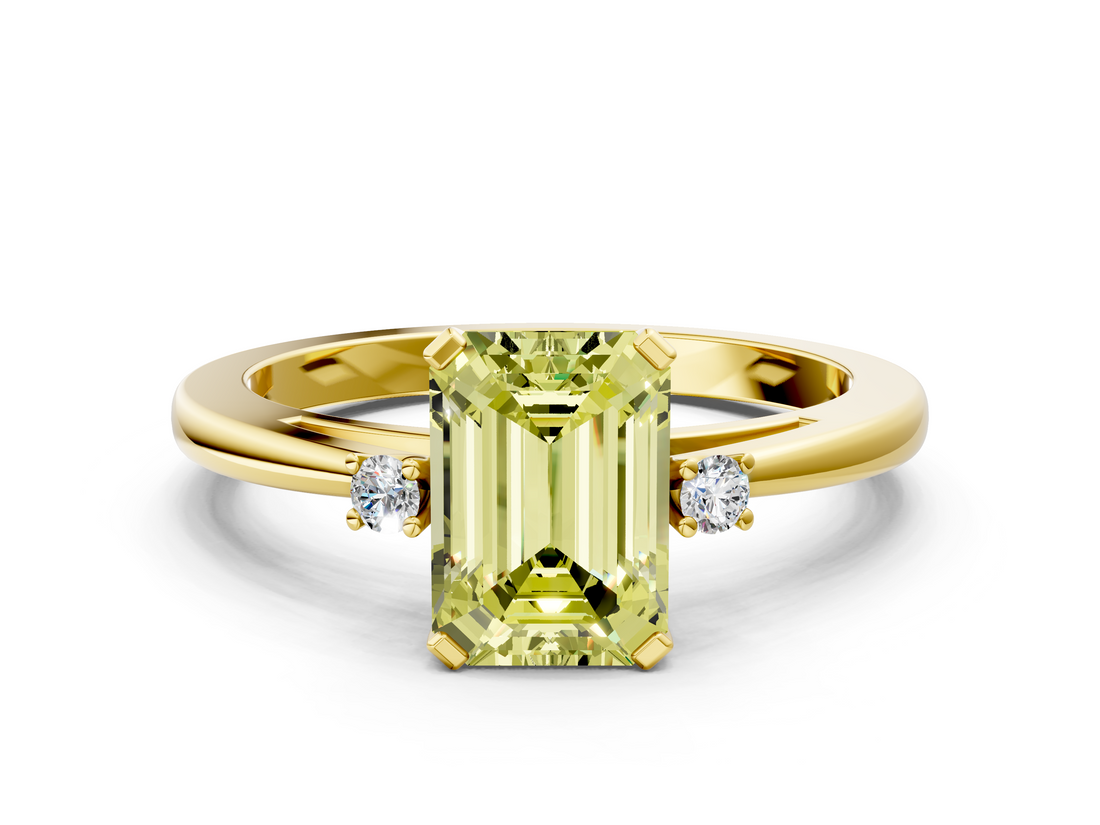 Yellow gold Fancy Yellow Emerald  Cut Three-Stone Solitaire Ring with Round Accent Diamonds and Four-Prong Setting_20