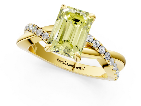 Yellow gold Fancy Yellow Emerald  Cut Twist Band Solitaire Diamond Ring with Pavé Setting