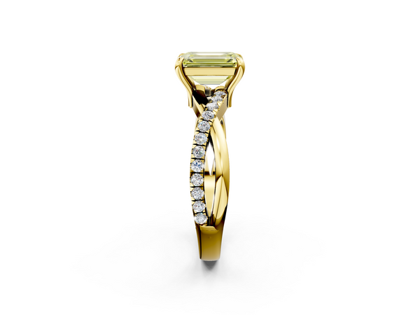 Yellow gold Fancy Yellow Emerald  Cut Twist Band Solitaire Diamond Ring with Pavé Setting
