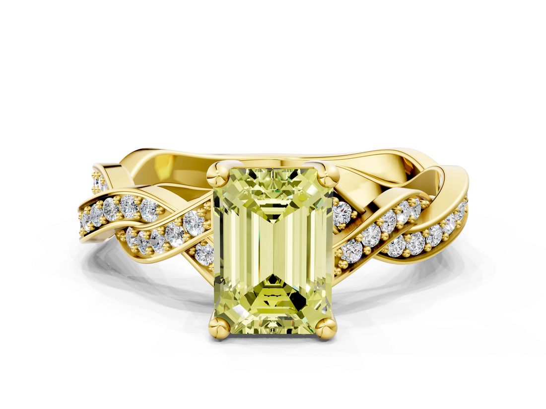 Yellow gold Fancy Yellow Emerald  Cut Twisted Pavé Band Solitaire Ring with Four-Prong Setting_55