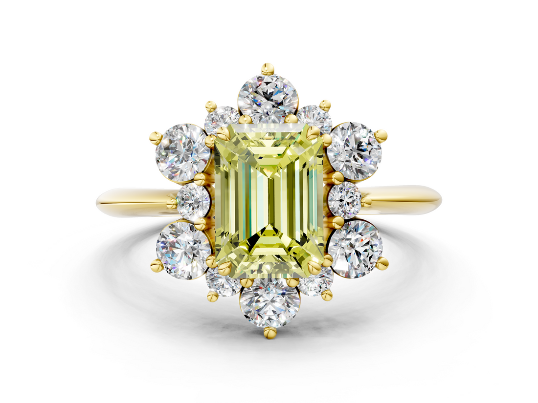 Yellow gold Fancy Yellow Emerald  Diamond Cluster Halo Ring with Solitaire Band and Four-Prong Setting_20