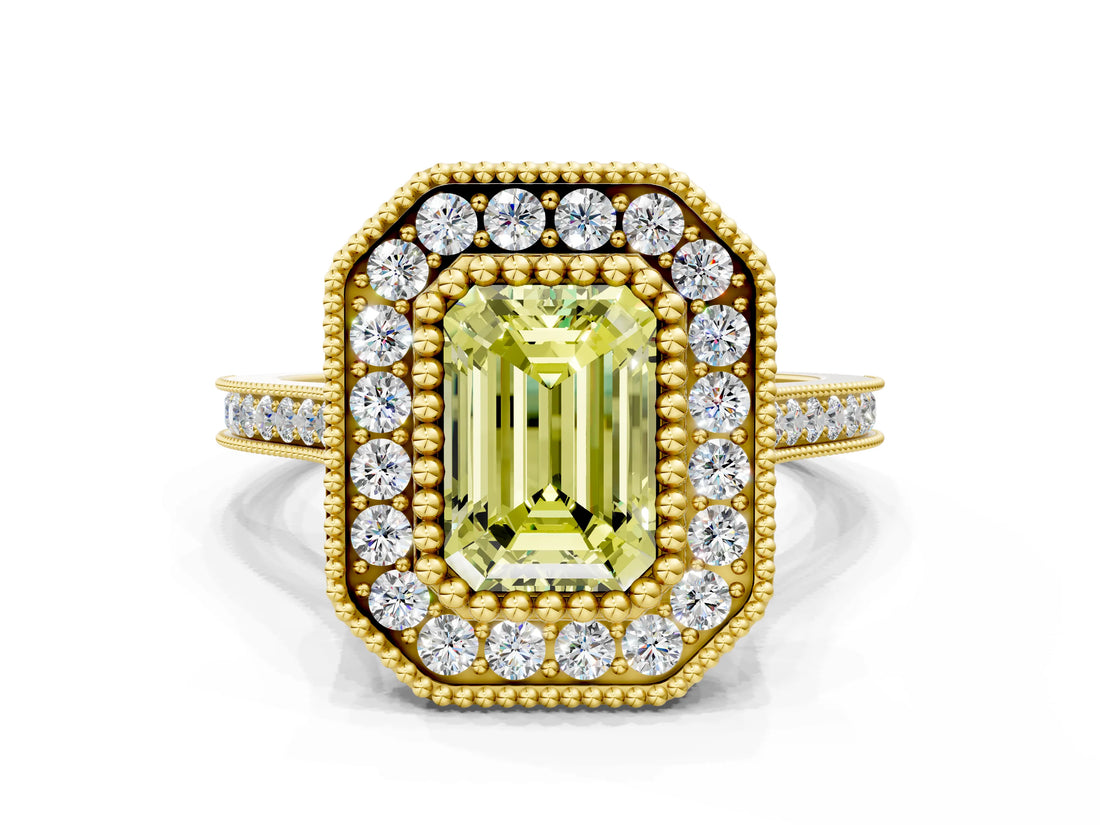 Yellow gold Fancy Yellow Emerald  Diamond Halo Ring with Milgrain Frame and Pavé Band_60
