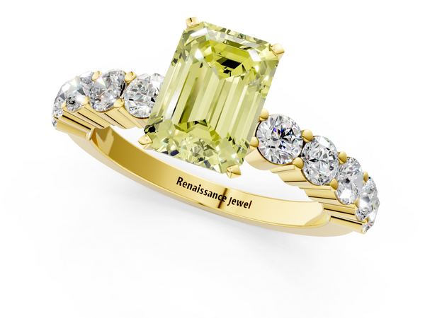 Yellow gold Fancy Yellow Emerald  Diamond Solitaire Ring with Shared Prong Round Side Stones