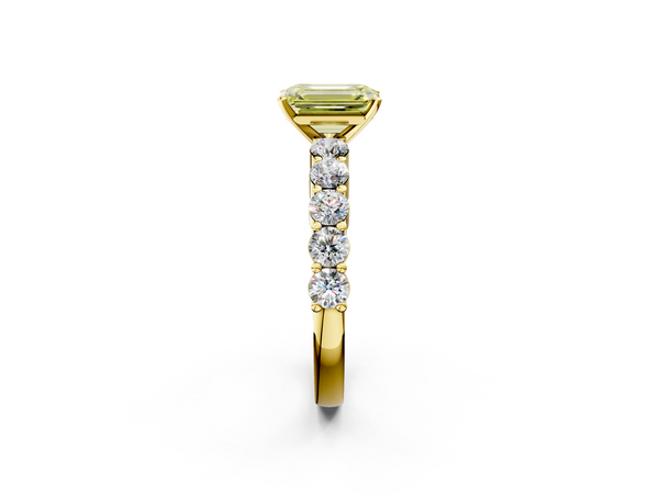 Yellow gold Fancy Yellow Emerald  Diamond Solitaire Ring with Shared Prong Round Side Stones