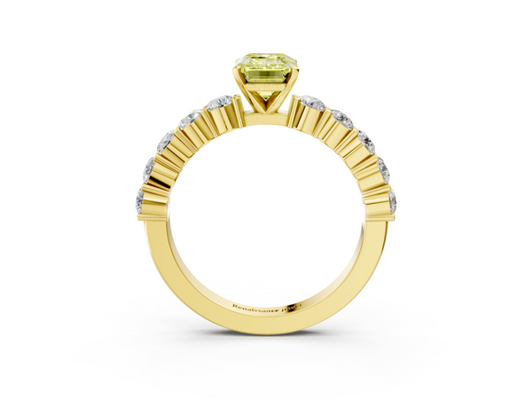 Yellow gold Fancy Yellow Emerald  Diamond Solitaire Ring with Shared Prong Round Side Stones