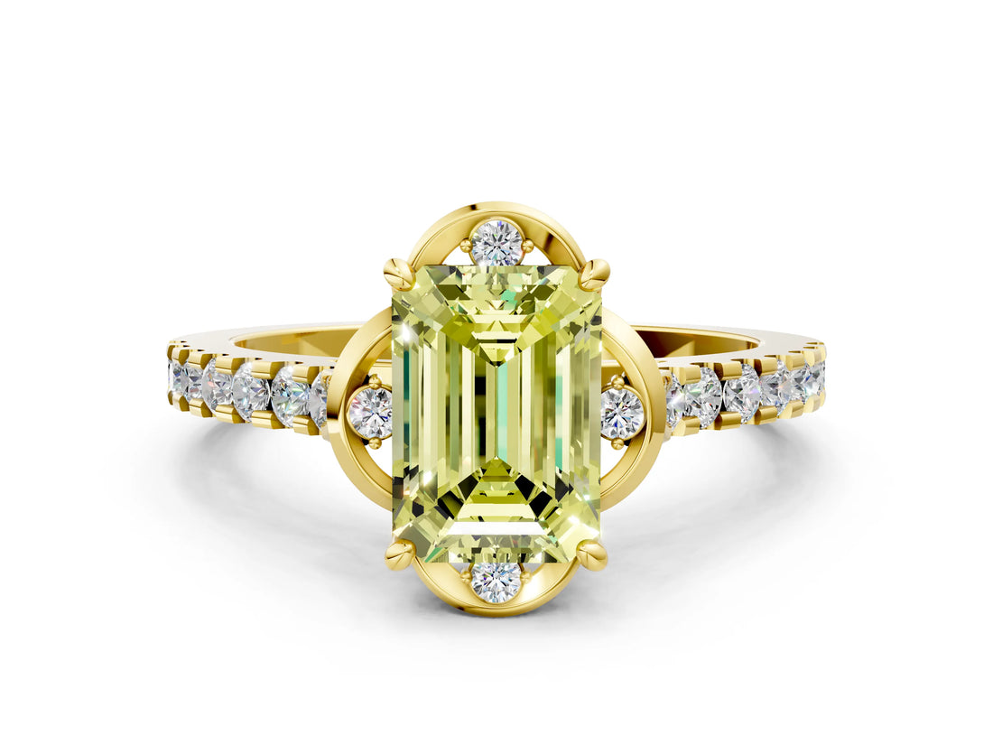 Yellow gold Fancy Yellow Emerald  Diamond Pave Band with Floral Prong Setting_39