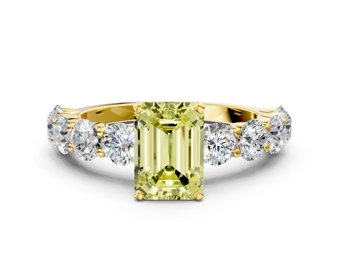 Yellow gold Fancy Yellow Emerald  Diamond Prong Setting with Side Stones on a Pave Band_151