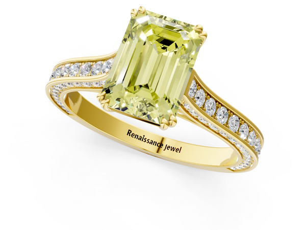 Yellow gold Fancy Yellow Emerald  Diamond Solitaire with Pave Band and Six-Prong Setting