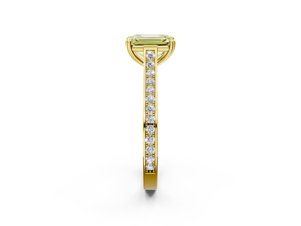 Yellow gold Fancy Yellow Emerald  Diamond Solitaire with Pave Band and Six-Prong Setting