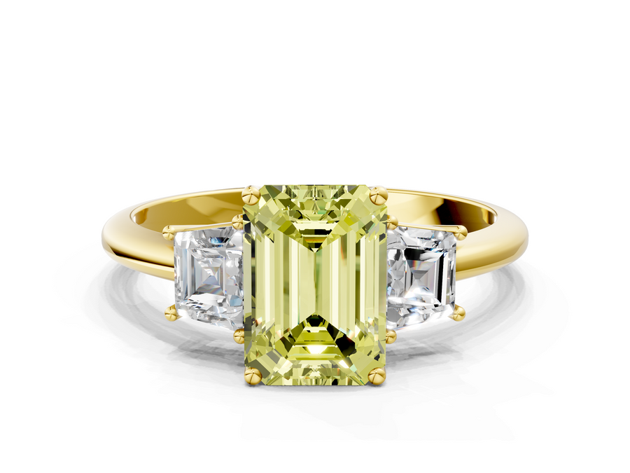 Yellow gold Fancy Yellow Emerald  Diamond Three-Stone Ring with Trapezoid Side Stones and Prong Setting