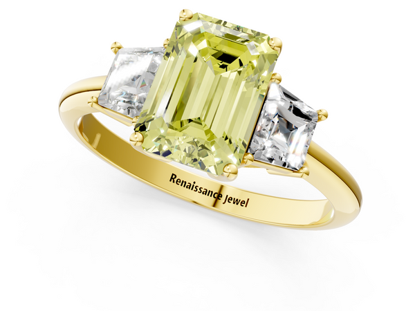 Yellow gold Fancy Yellow Emerald  Diamond Three-Stone Ring with Trapezoid Side Stones and Prong Setting
