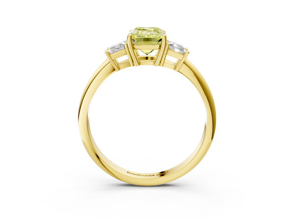 Yellow gold Fancy Yellow Emerald  Diamond Three-Stone Ring with Trapezoid Side Stones and Prong Setting