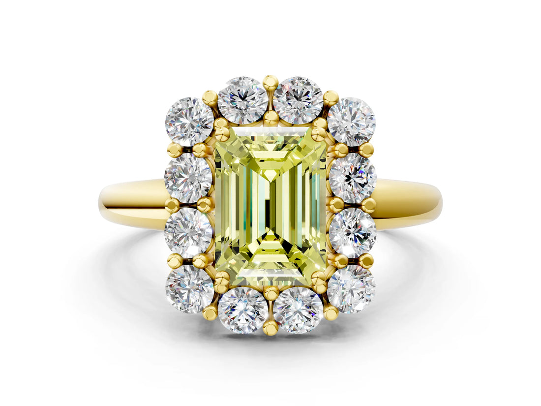 Yellow gold Fancy Yellow Emerald  Halo Cluster Diamond Engagement Ring with Prong Setting and Polished Band_51